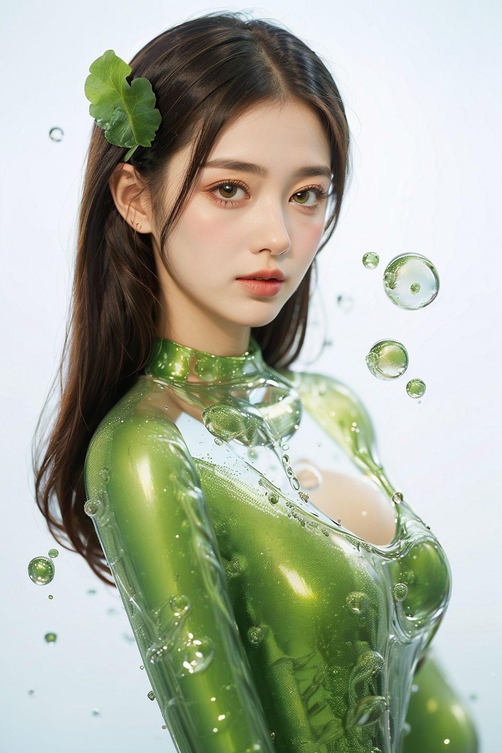 (1girl:1.1),stars in the eyes,(pure girl:1.1),upper_body,There are many scattered luminous petals,green theme,bubble,contour deepening,white_background,cinematic angle,character in the lower right corner,(centella:1.2),adhesion,tight clothing,flowing liquid,,
