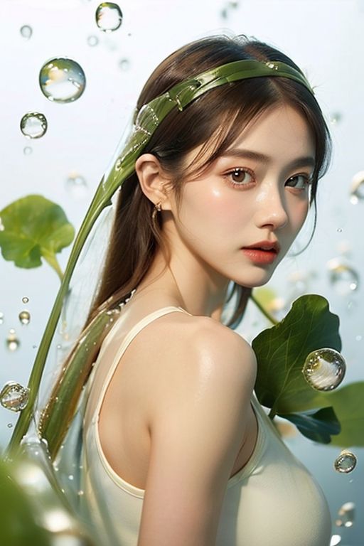 (1girl:1.1),stars in the eyes,(pure girl:1.1),upper_body,There are many scattered luminous petals,green theme,bubble,contour deepening,white_background,cinematic angle,character in the lower right corner,(centella:1.2),adhesion,tight clothing,flowing liquid,,
