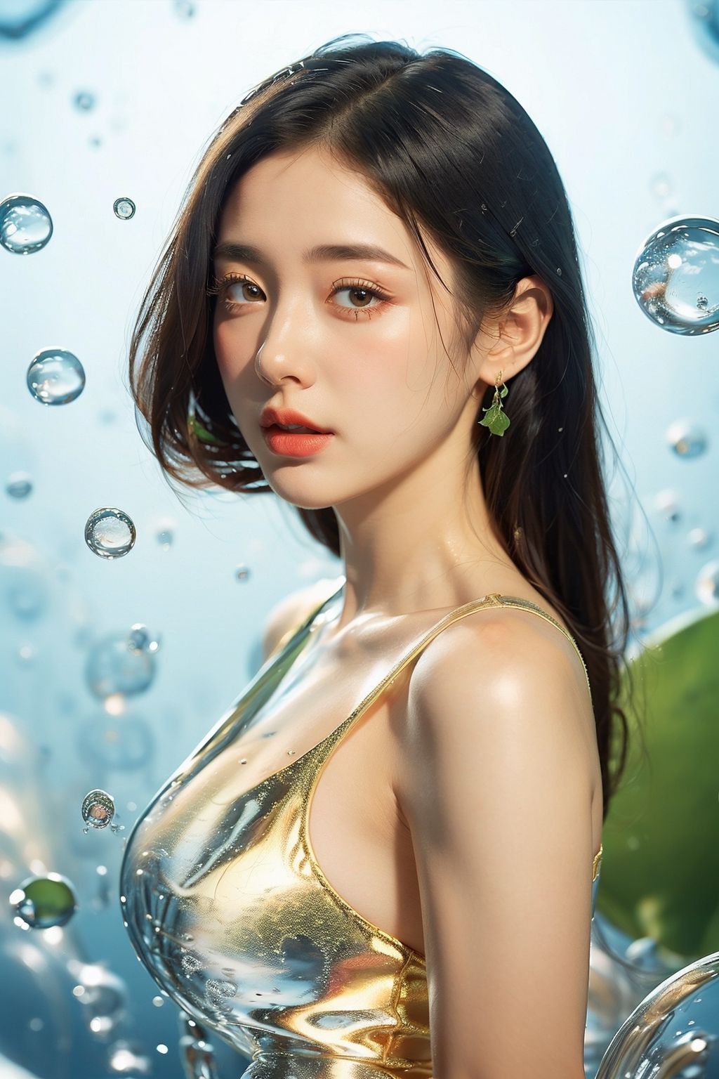 (1girl:1.1),stars in the eyes,(pure girl:1.1),upper_body,There are many scattered luminous petals,green theme,bubble,contour deepening,white_background,cinematic angle,character in the lower right corner,(centella:1.2),adhesion,tight clothing,flowing liquid,,
