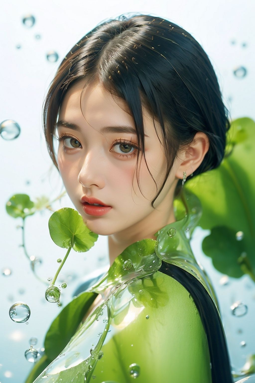 (1girl:1.1),stars in the eyes,(pure girl:1.1),upper_body,There are many scattered luminous petals,green theme,bubble,contour deepening,white_background,cinematic angle,character in the lower right corner,(centella:1.2),adhesion,tight clothing,flowing liquid,,
