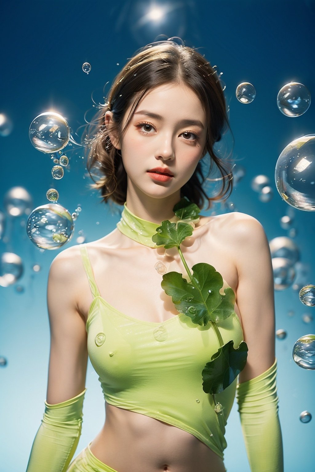 (1girl:1.1),stars in the eyes,(pure girl:1.1),upper_body,There are many scattered luminous petals,green theme,bubble,contour deepening,white_background,cinematic angle,character in the lower right corner,(centella:1.2),adhesion,tight clothing,flowing liquid,,
