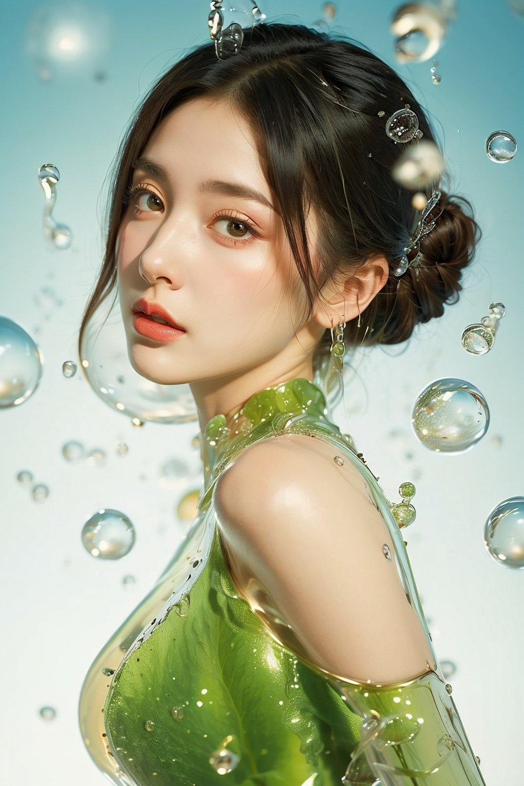 (1girl:1.1),stars in the eyes,(pure girl:1.1),upper_body,There are many scattered luminous petals,green theme,bubble,contour deepening,white_background,cinematic angle,character in the lower right corner,(centella:1.2),adhesion,tight clothing,flowing liquid,,
