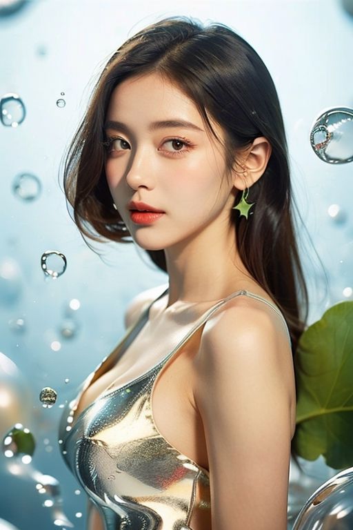 (1girl:1.1),stars in the eyes,(pure girl:1.1),upper_body,There are many scattered luminous petals,green theme,bubble,contour deepening,white_background,cinematic angle,character in the lower right corner,(centella:1.2),adhesion,tight clothing,flowing liquid,,
