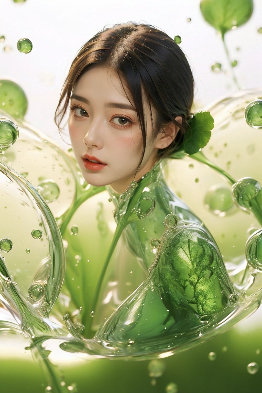 (1girl:1.1),stars in the eyes,(pure girl:1.1),upper_body,There are many scattered luminous petals,green theme,bubble,contour deepening,white_background,cinematic angle,character in the lower right corner,(centella:1.2),adhesion,tight clothing,flowing liquid,,
