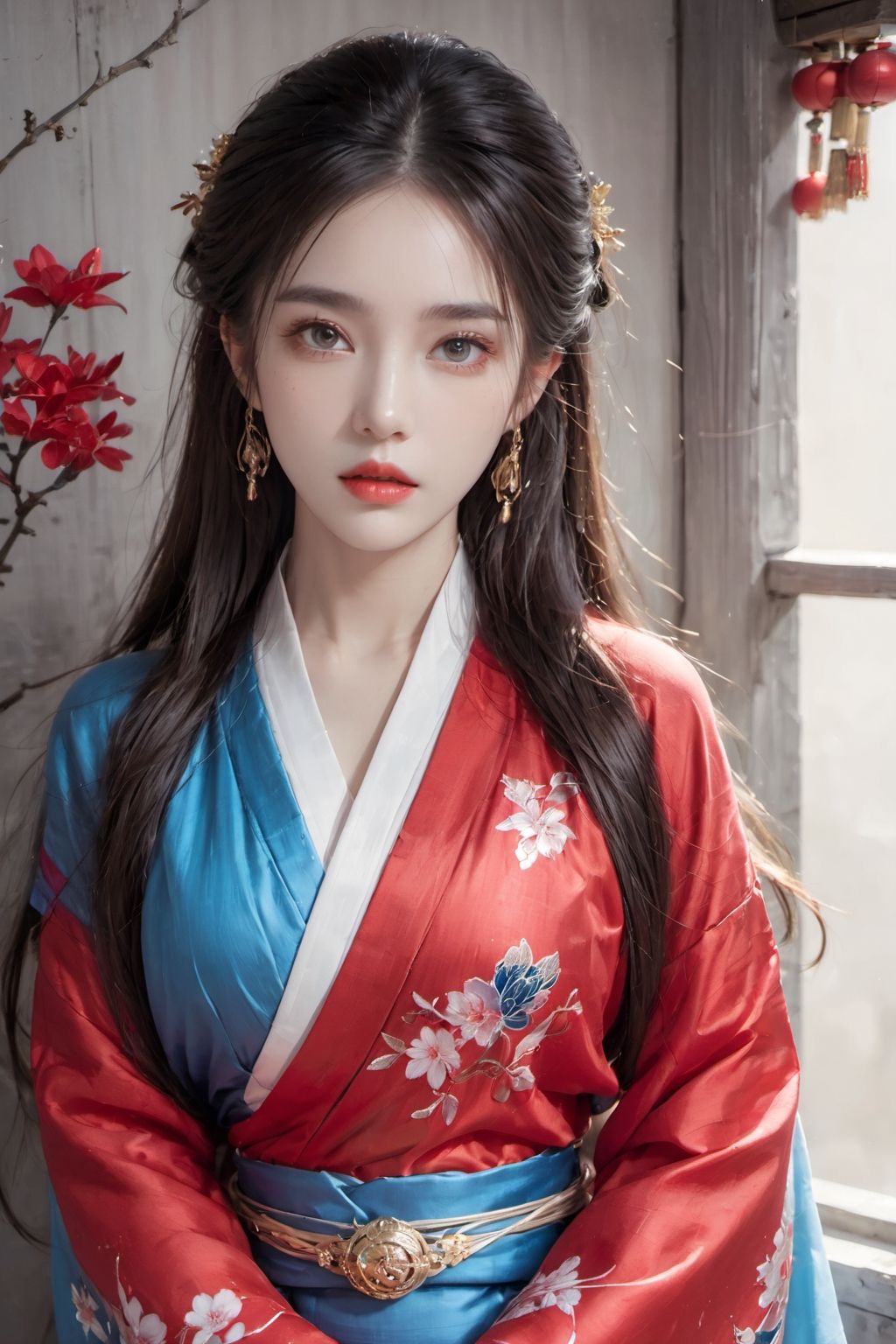 xxmix, 1women, solo, full body, jewelry, long hair, blue eye, hanfu