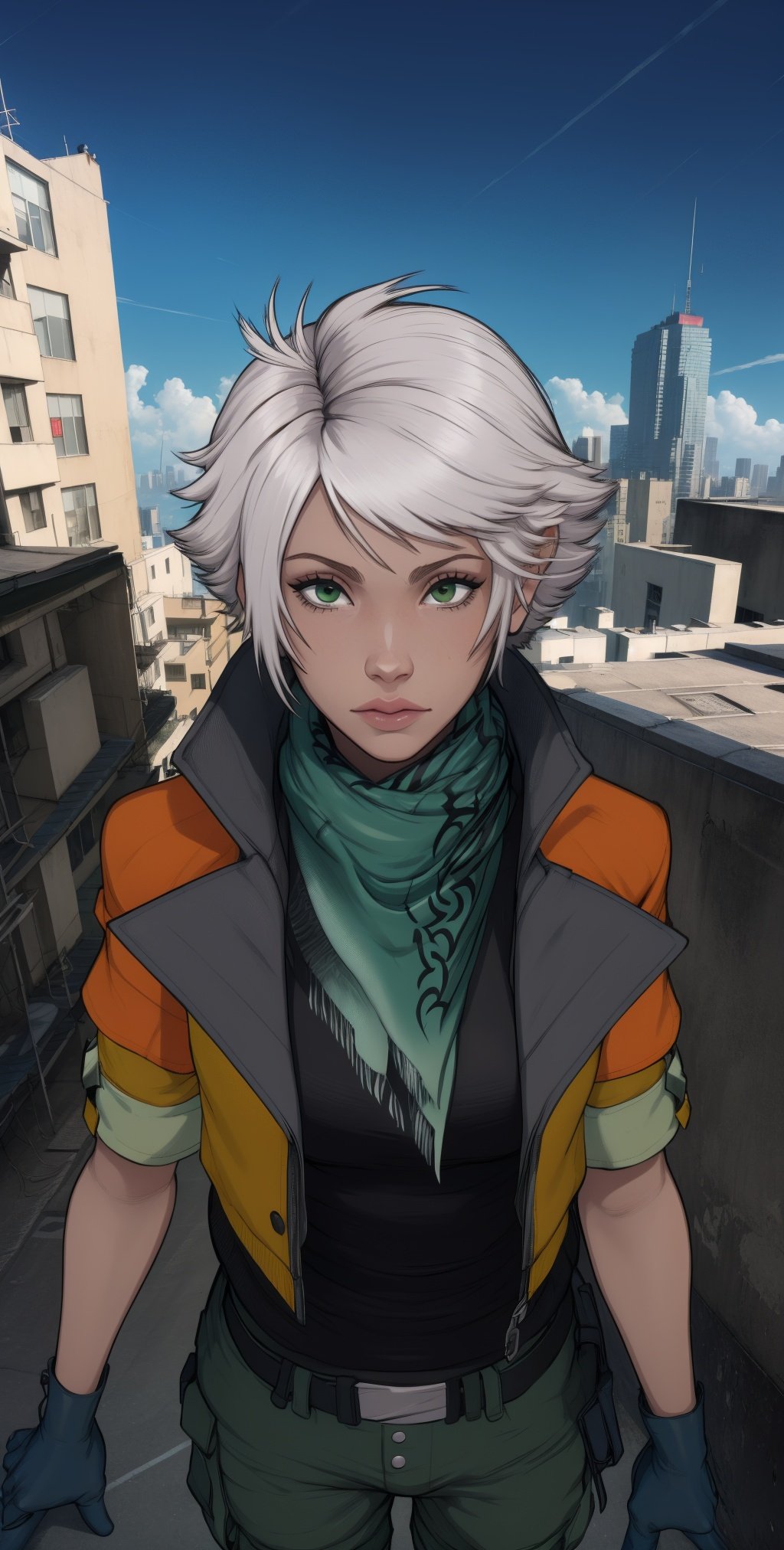 hope, white hair,  green eyes, 
orange open jacket, scarf,   cargo shorts,  gloves,  black undershirt, 
upper body,    from above,  standing, 
outside, windy, cyberpunk,  rooftop, 
(best quality, masterpiece, perfect face, beautiful and aesthetic:1.2, highest detailed face), 
 