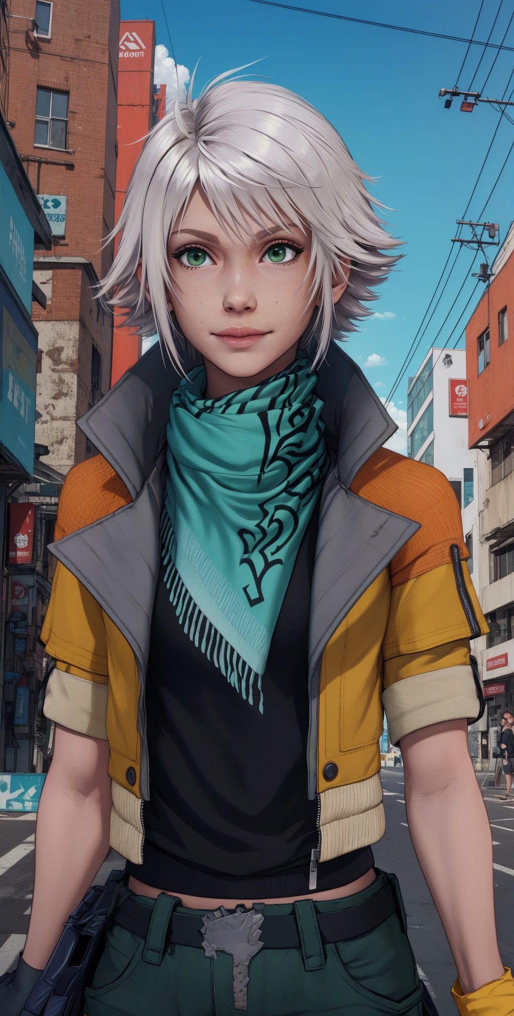 hope, white hair,  green eyes, 
orange open jacket, scarf,   cargo shorts,  gloves,  black undershirt, 
standing,  upper body,   smile, 
outside, windy, cyberpunk, 
(best quality, masterpiece, perfect face, beautiful and aesthetic:1.2, highest detailed face), 
 