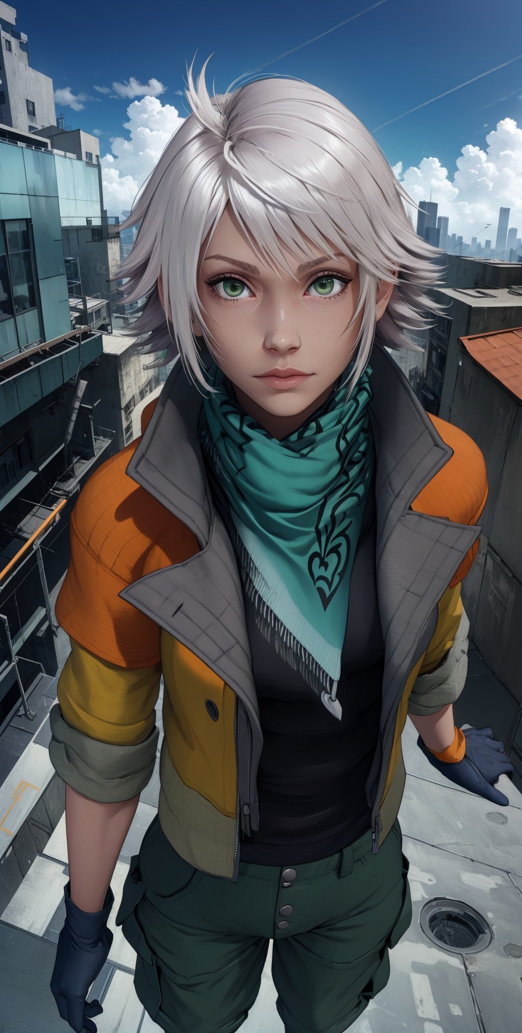 hope, white hair,  green eyes, 
orange open jacket, scarf,   cargo shorts,  gloves,  black undershirt, 
upper body,    from above,  standing, 
outside, windy, cyberpunk,  rooftop, 
(best quality, masterpiece, perfect face, beautiful and aesthetic:1.2, highest detailed face), 
 