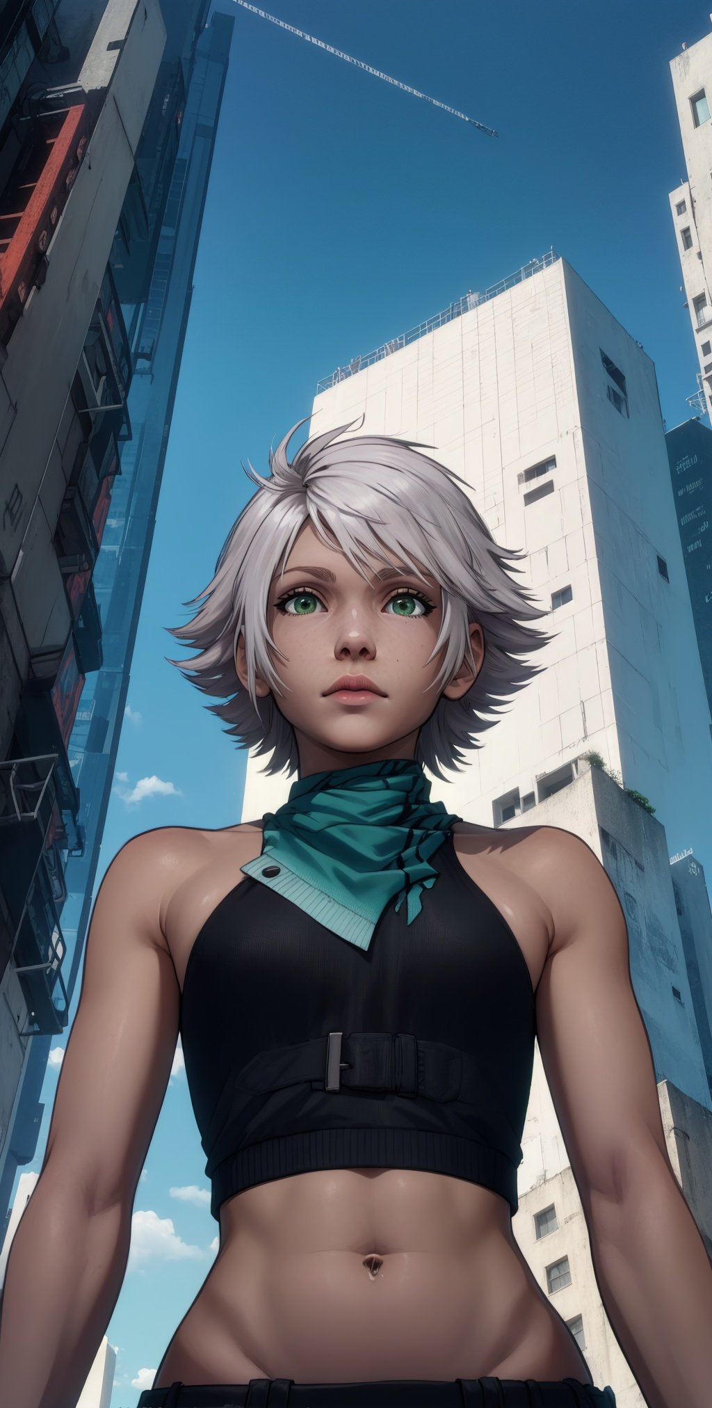 hope, white hair,  green eyes,  flat chest,  looking at viewer, 
gloves,  black shirt,  from below,   midriff peek, 
upper body,  standing,  hips,  
outside, windy, cyberpunk,  rooftop, 
(best quality, masterpiece, perfect face, beautiful and aesthetic:1.2, highest detailed face), 
 