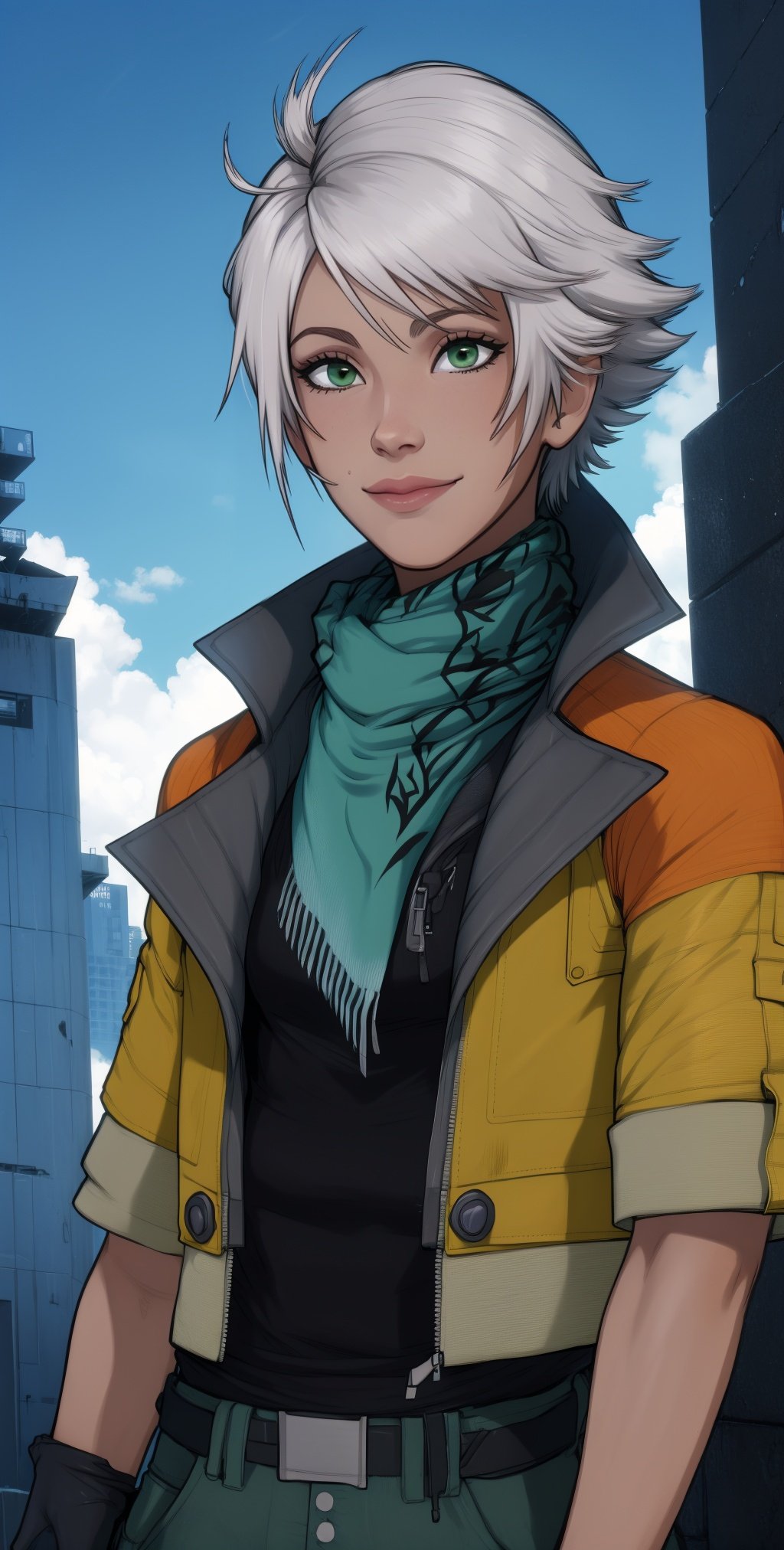 hope, white hair,  green eyes, 
orange open jacket, scarf,   cargo shorts,  gloves,  black undershirt, 
standing,  upper body,   smile, 
outside, windy, cyberpunk, 
(best quality, masterpiece, perfect face, beautiful and aesthetic:1.2, highest detailed face), 
 