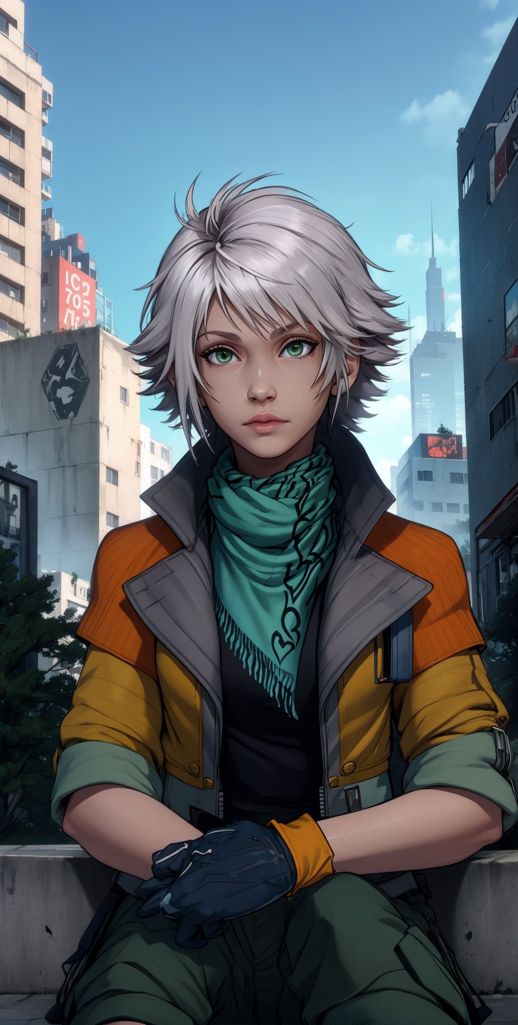 hope, white hair,  green eyes, 
orange open jacket, scarf,   cargo shorts,  gloves,  black undershirt, 
upper body,   sitting,  
outside, windy, cyberpunk,  rooftop, 
(best quality, masterpiece, perfect face, beautiful and aesthetic:1.2, highest detailed face), 
 