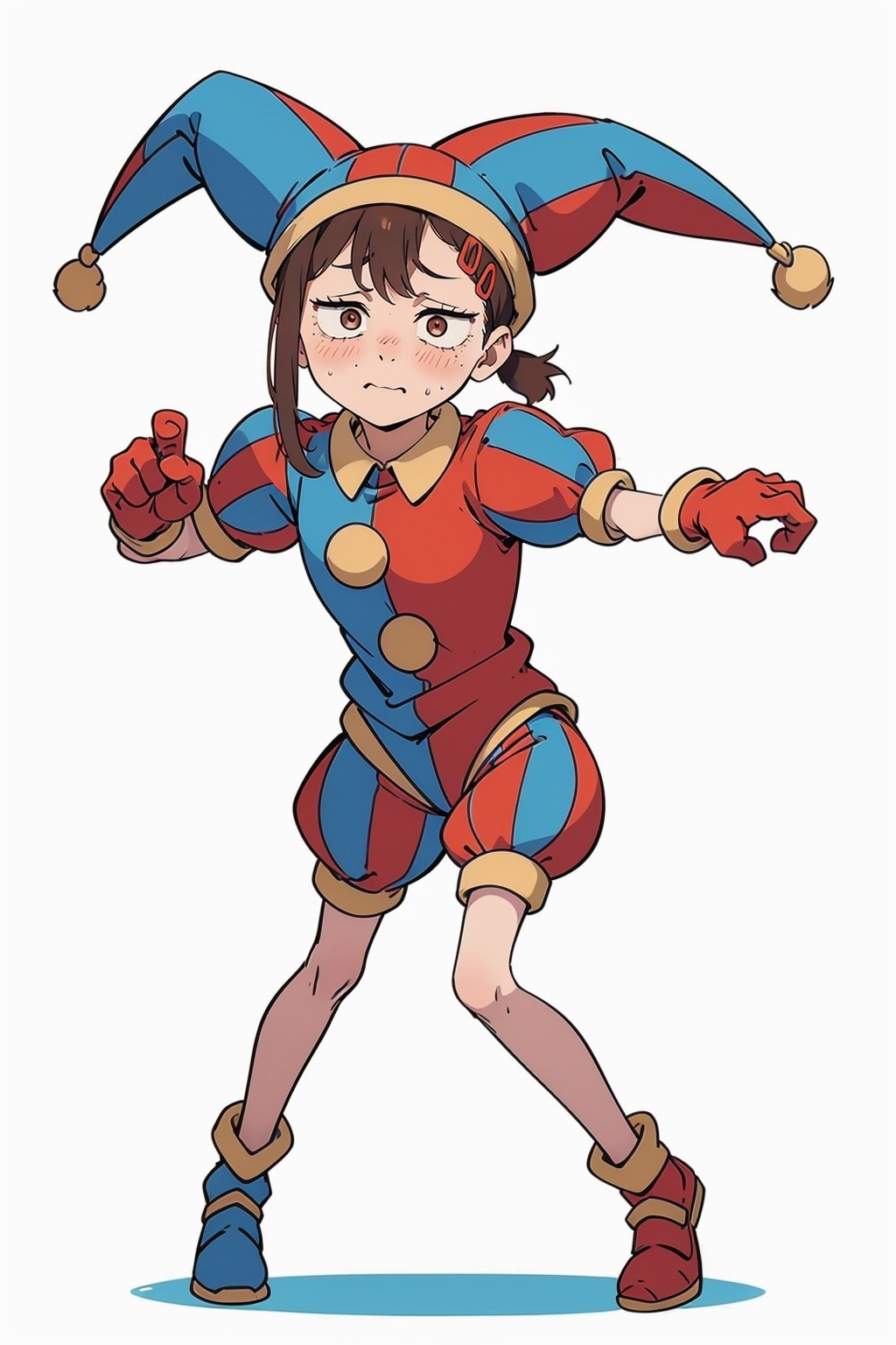 Kobeni ,,Pomni, Pale Skin, Brown Hair, Multicolored Eyes, Red Eye, Blue Eye, Jester Hat, Jester Outfit,Kobeni,kobeni wearing a jester costume ,masterpiece, good anatomy, white background,full body, grabbing a knife ,character design, different poses, full HD 