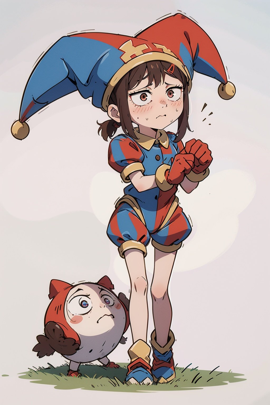 Kobeni ,,Pomni, Pale Skin, Brown Hair, Multicolored Eyes, Red Eye, Blue Eye, Jester Hat, Jester Outfit,Kobeni,kobeni wearing a jester costume ,((knee to the ground)), masterpiece, good anatomy, white background,full body, grabbing a knife ,character design, different poses, full HD 