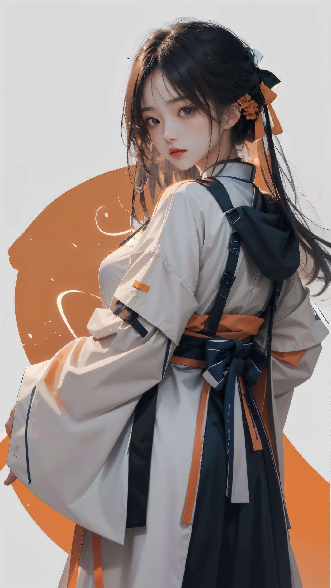 masterpiece, best quality,highres, 1girl,  <lora:easttechwear:0.8>\(orange, hanfu\), look back, white background