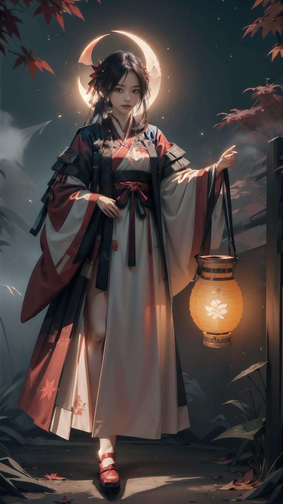 masterpiece, best quality,highres, 1girl, <lora:easttechwear:0.8>\(red, hanfu\), ((moon)), starry sky, (lighting particle), fog,paper lantern, autumn, red autumn leaves