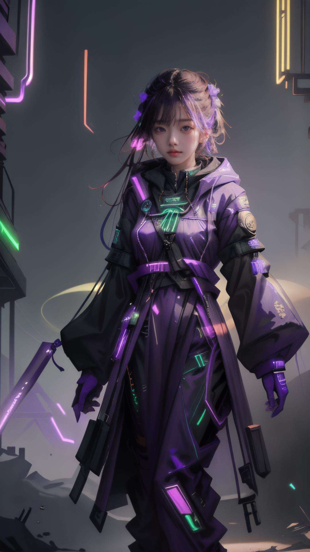 masterpiece, best quality,highres, photorealistic, dramatic lighting, 1girl, (easttechwear\(purple, Neonpunkai\):1.2),slim, monogram, perfect cutting, look at viewer,<lora:easttechwear:0.7>, (hanfu:0.8), mesmerizing glow, <lora:Neonpunkai-8:0.4> 