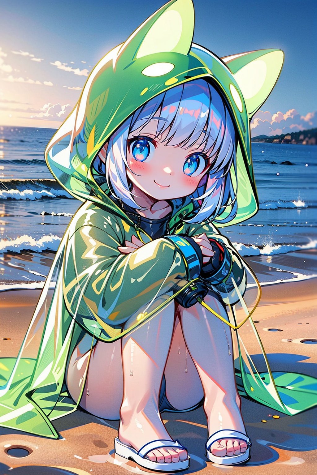 masterpiece,best quality,4k,1girl,raincoat,pop style,glowing,solo,looking at viewer,blush,smile,bangs,blue eyes,animal ears,sitting,closed mouth,outdoors,sky,water,night,ocean,beach,knees up,animal hood,sand,<lora:GlowingPP:0.7>,