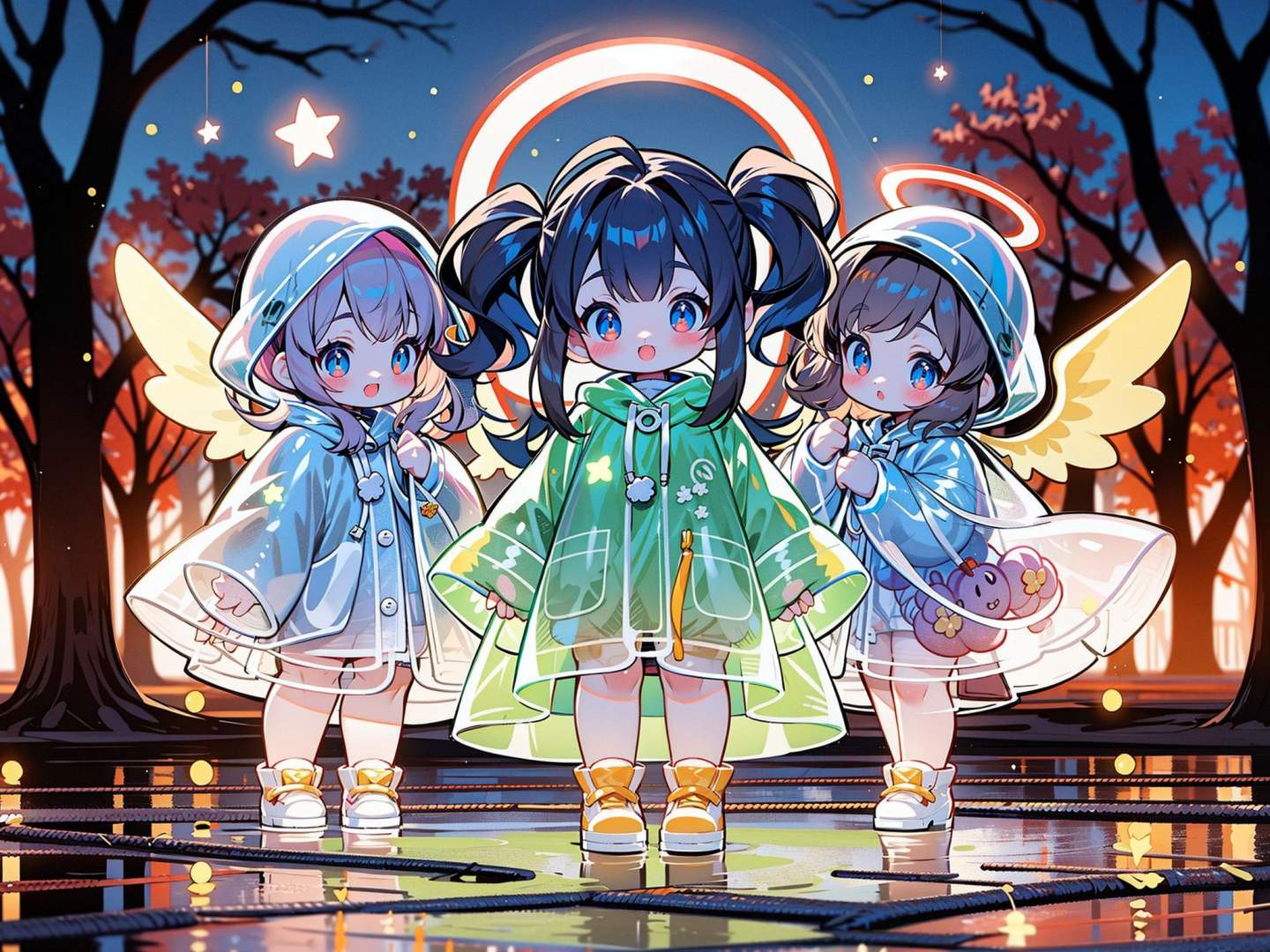 masterpiece,best quality,4k,3girls,multiple girls,raincoat,pop style,glowing,colorful,looking at viewer,angel,halo,halloween,pumpkin,blush,long hair,bangs,brown hair,outdoors,shoes,blurry,tree,see-through,flying,blurry background,<lora:GlowingPP:0.7>,