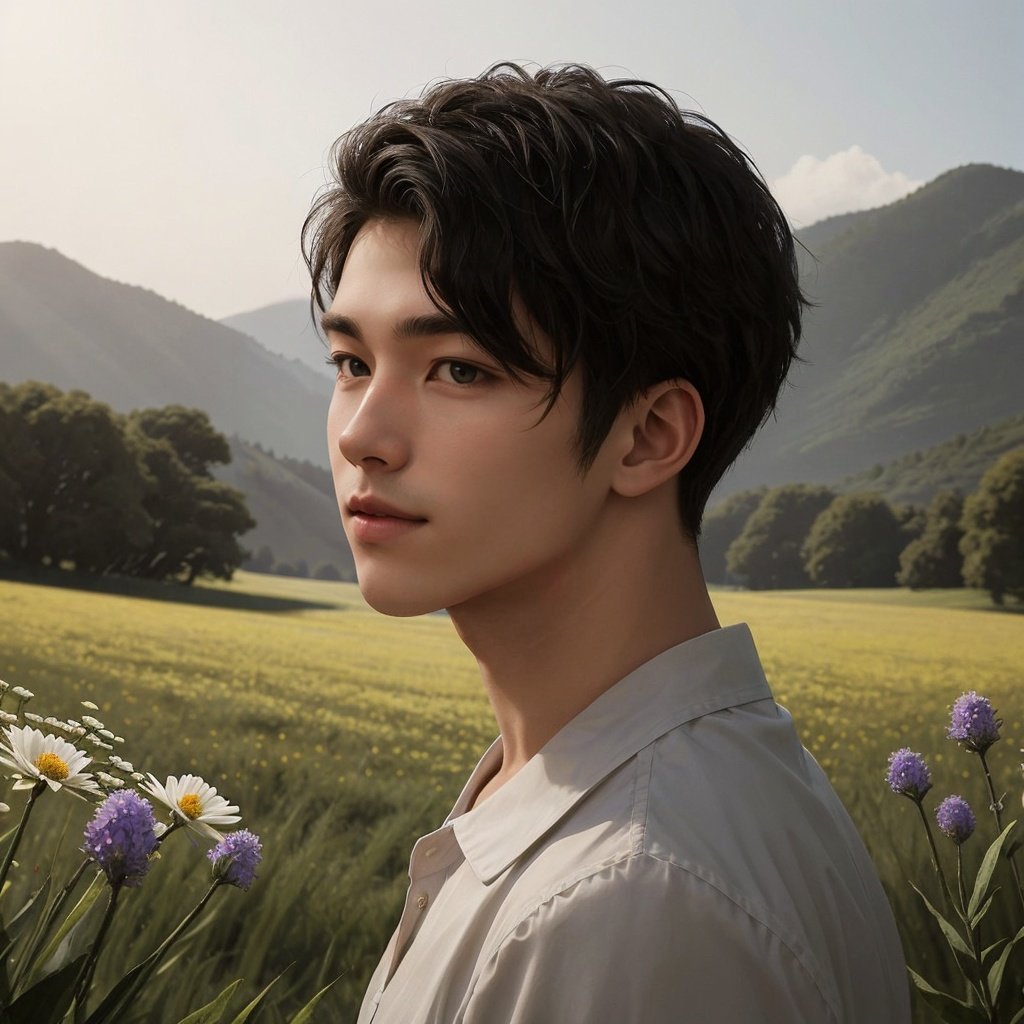 gorgeous male portrait, from the side, looking at viewer, in a meadow, flowers, beautiful hair, manly, gorgeous lighting