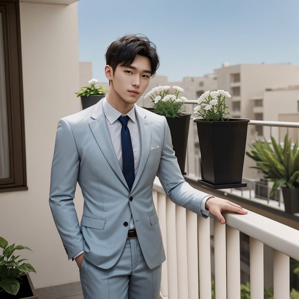 masterpiece, 1 Man, Suit, Outdoor, Light blue sky, balcony, Potted plant, White flower, Body hair, Muscular development,Daofa Rune,2D conceptual design,Flowing scroll