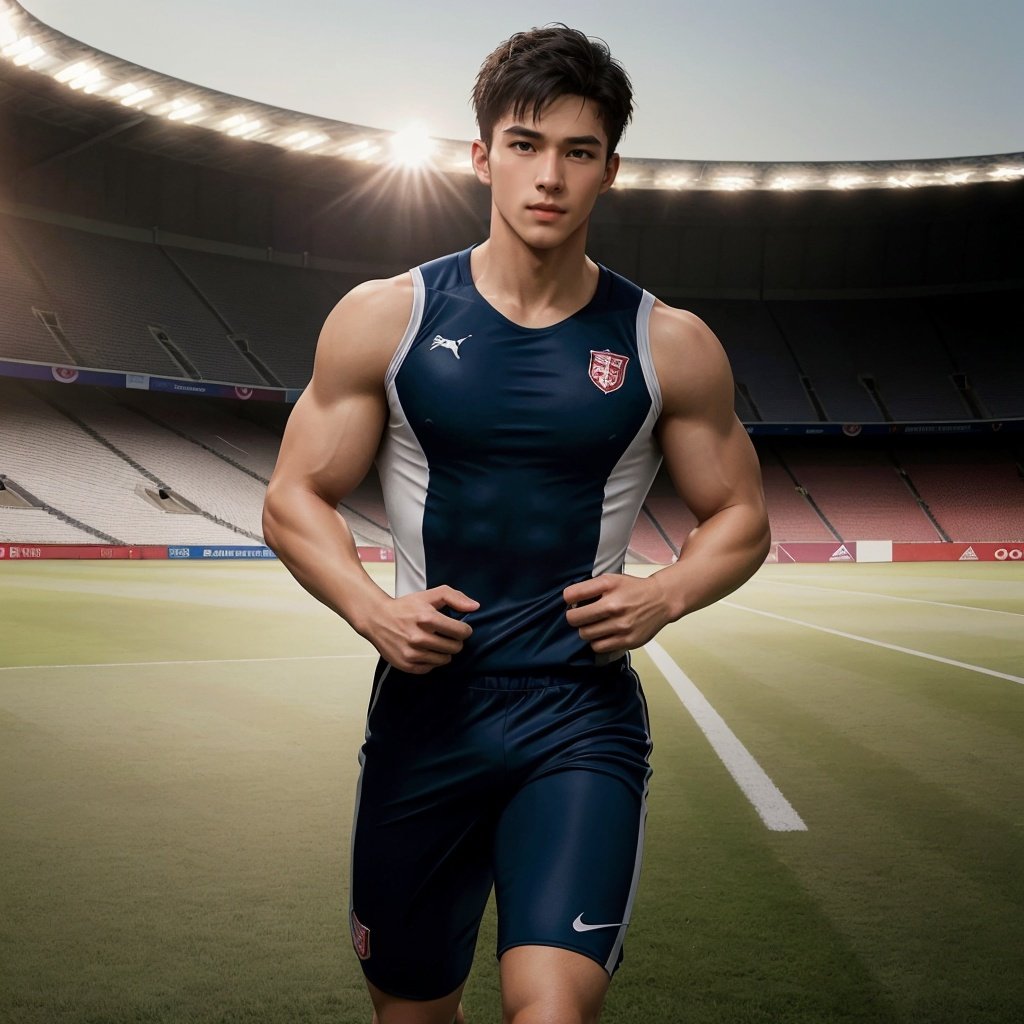 masterpiece, highres, realistic, handsome, photogenic, masculine, big muscles, tight gymsuit:0.8, running in middle of soccer field blushing from embarrassment, HDR, octane, Stadium lighting, dinamic light, sunkisses, ringlights, sunshine, high detailed skin, high detailed face, Erection under clothes, Uplift, best quality, 8k