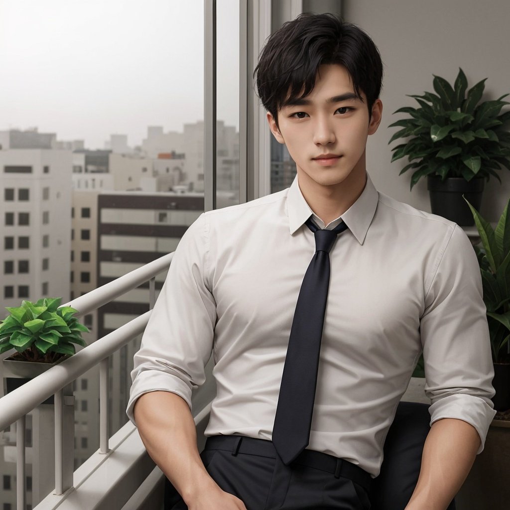 masterpiece, 1 Man, Handsome, Look at me, White shirt, Tie, balcony, Potted plant, Portrait