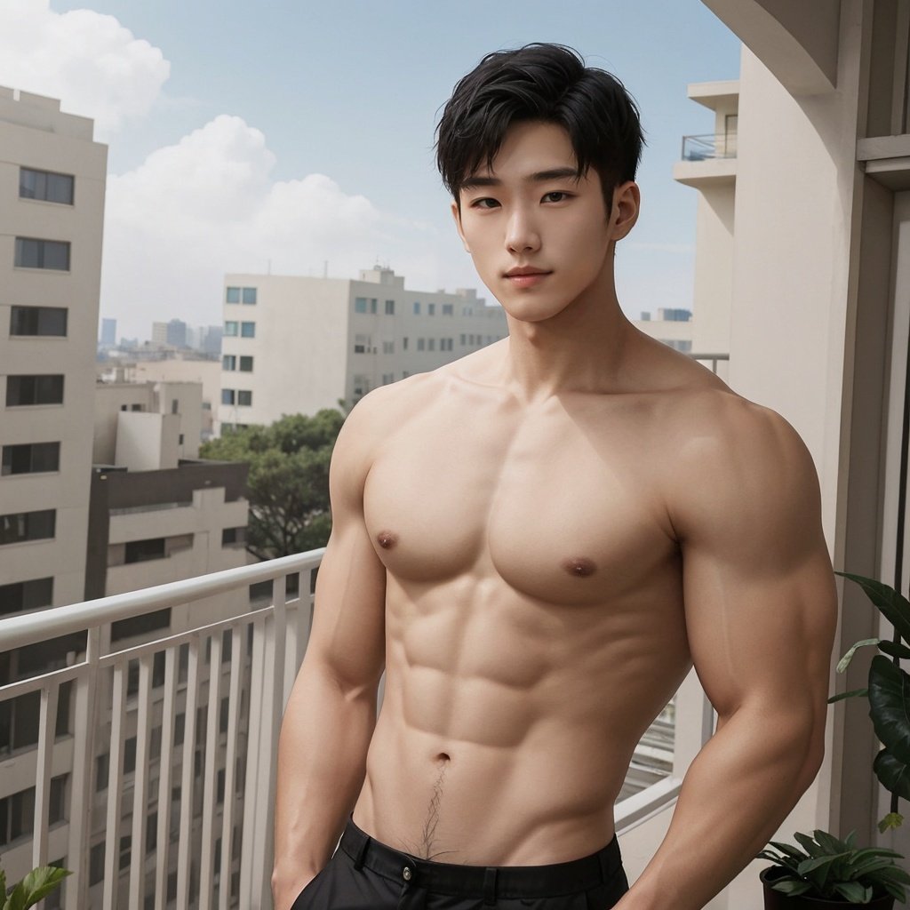 masterpiece, 1 Man, Suit, Outdoor, Light blue sky, balcony, Potted plant, White flower, Body hair, Muscular development