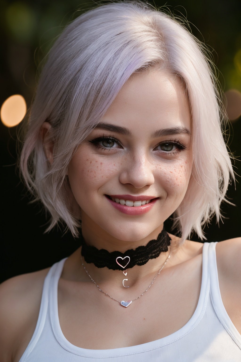 1girl, heart-shaped pupils, fingernails, white hair, purple eyes, (blush:1.1), choker, upper body, trembling, sweat, sweatdrop, heart, (medium breasts:0.6), love, heart, crop top, happy, smile, lace, bokeh, (freckles:0.8), natural skin texture,black and white portrait