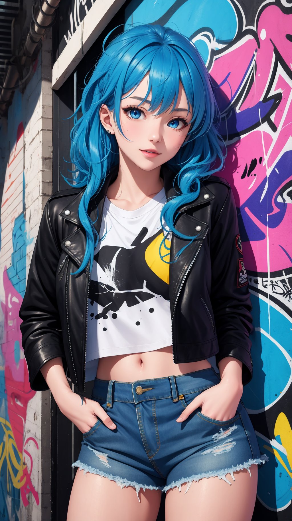 (masterpiece, best quality), 1girl, blue hair, blue eyes, cropped jacket, leather jacket, denim, graffiti wall, messy hair, happy,