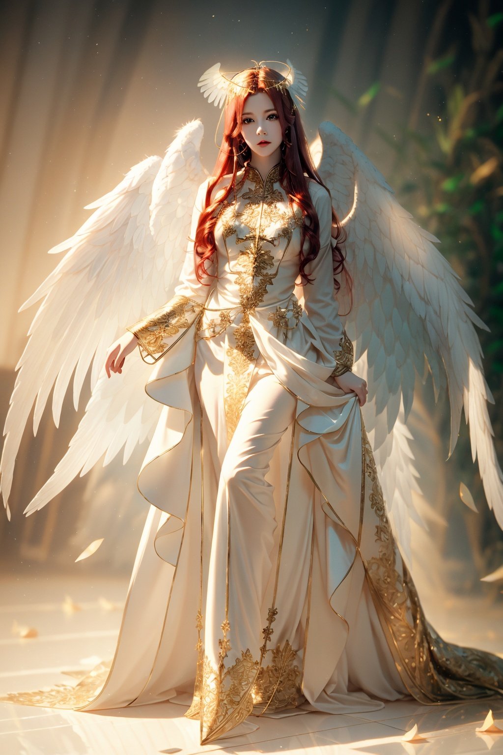 Full body realistic photo of an angel, red hair, green eyes, most beautiful, angelic aura, angel_wings, looking_at_viewers,angel_wings