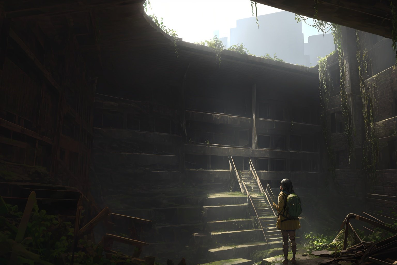  (masterpiece, best quality, high quality, real, realistic, super detailed,full detail,4k,8k),

NYLostRuins, backpack, ruins, scenery, overgrown, post-apocalypse, bag, solo, 1girl, moss, outdoors, sign, sunlight, from behind, black hair, light rays, stairs, weapon, facing away, ground vehicle, plant, day, building, sunbeam