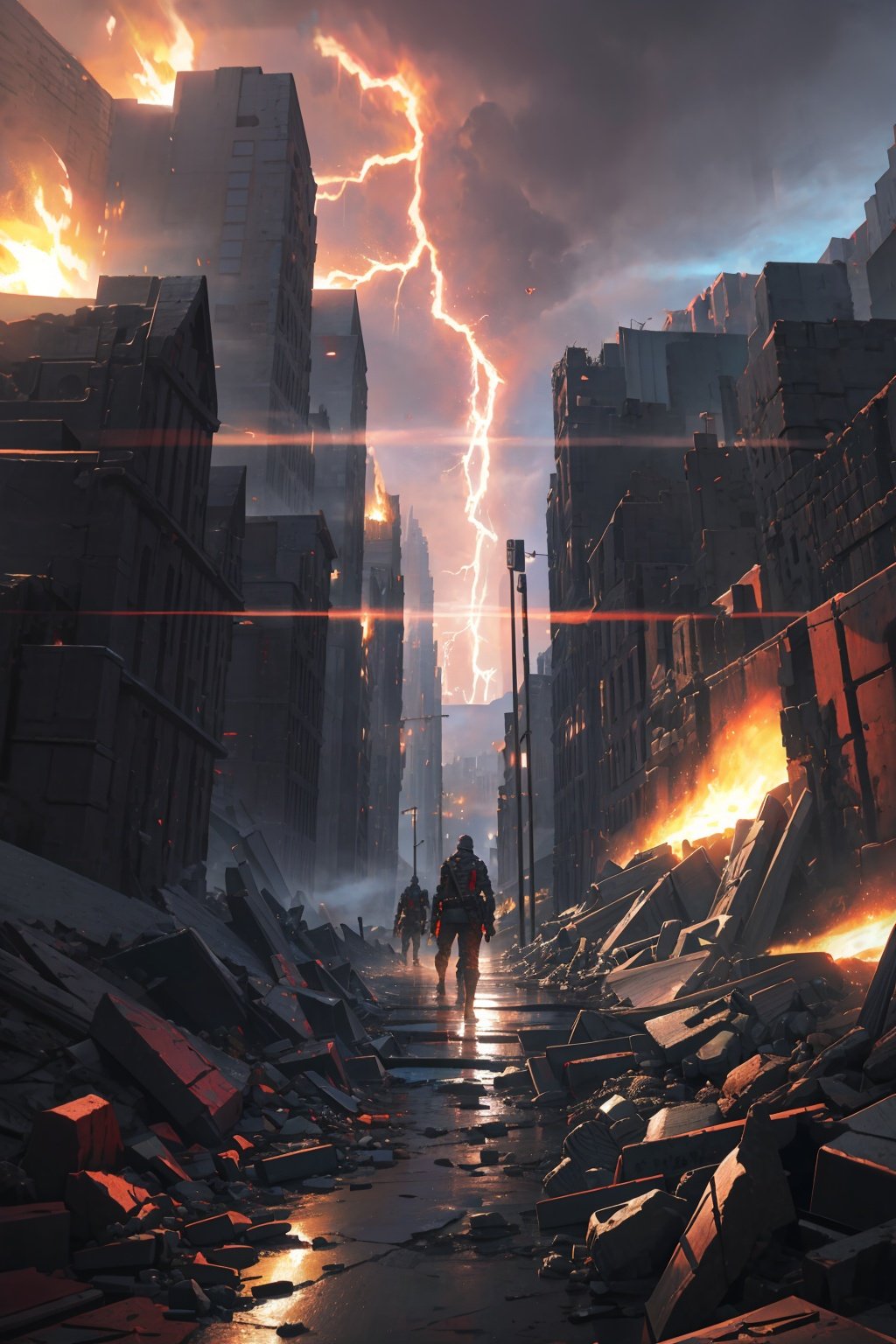 NYLostRuins,apocalyptic city full of war,fire,,incredible detailed game artwork,magic fog and lightning, 