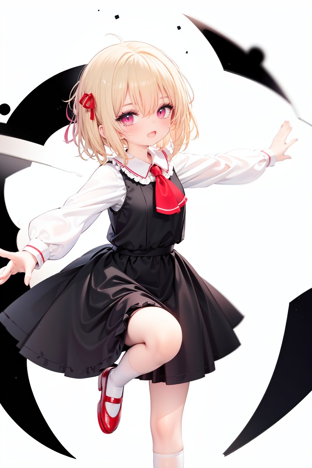  1girl, rumia, blonde hair, solo, white background, red eyes, red footwear, simple background, ascot, short hair, ribbon, open mouth, hair ribbon, smile, long sleeves, shirt, looking at viewer, red ascot, white socks, white shirt, red ribbon, shoes, socks, frills, bangs, outstretched arms, hair between eyes, skirt, :d, dress, vest, mary janes, black dress, black skirt, collared shirt, black vest, blush