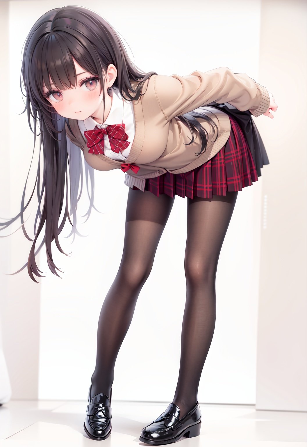  1girl, solo, pantyhose, skirt, long hair, loafers, shoes, simple background, school uniform, brown eyes, plaid, black pantyhose, plaid skirt, looking at viewer, black hair, pantyhose pull, full body, clothes pull, black footwear, pleated skirt, leaning forward, bangs, long sleeves, bent over, cardigan, bow, bowtie, standing, closed mouth, pulled by self, grey background, blush, miniskirt, red bow, sweater, undressing