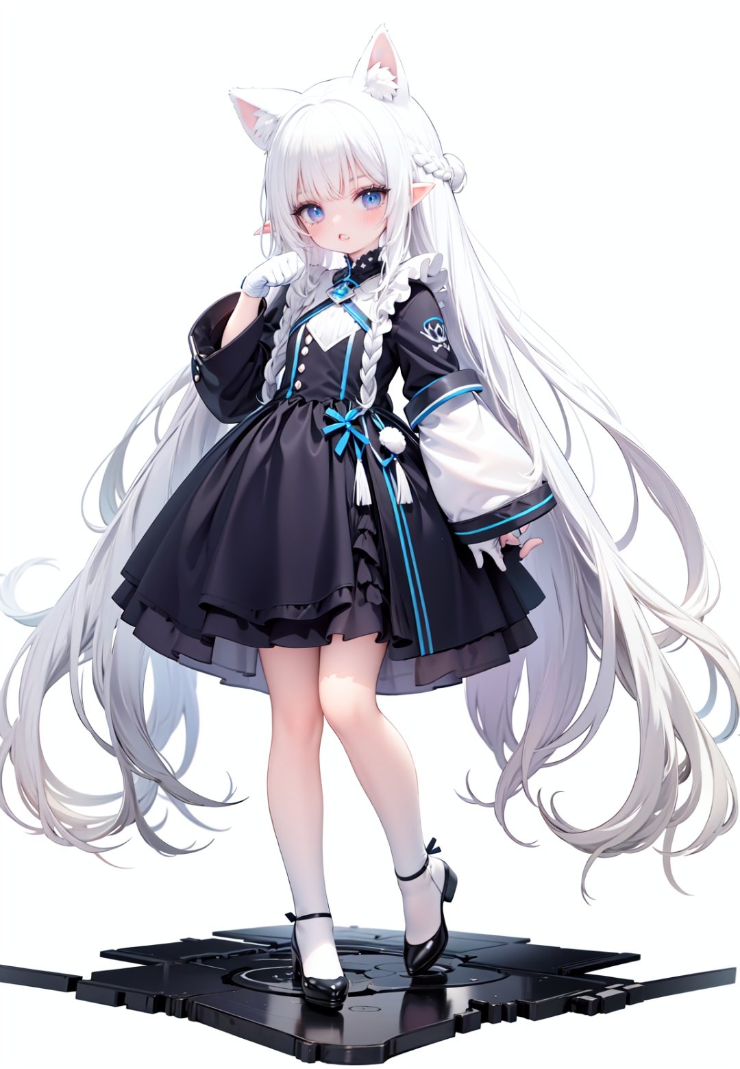  1girl, white_gloves, braid, full_body, gloves, long_hair, official_alternate_costume, pointy_ears, simple_background, solo, standing, very_long_hair, white_background, white hair, blue eyes, paw claw pose, open_mouth