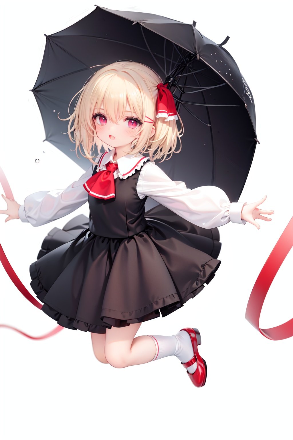  1girl, rumia, blonde hair, solo, white background, red eyes, red footwear, simple background, ascot, short hair, ribbon, open mouth, hair ribbon, smile, long sleeves, shirt, looking at viewer, red ascot, white socks, white shirt, red ribbon, shoes, socks, frills, bangs, outstretched arms, hair between eyes, skirt, :d, dress, vest, mary janes, black dress, black skirt, collared shirt, black vest, blush