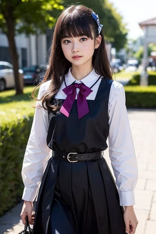 masutepiece, Best Quality, {Best Quality}, {{masutepiece}}, {hight resolution}, Illustration, 1girl in, Inoue Takina, Long hair, Bangs, Black hair, (Purple eyes:1.2), blush, Shirt, Long sleeves, Dress, bow ribbon, School uniform, White shirt, Collared shirt, Belt bag, Neck ribbon, Blue Dress, Green Ribbon, pleated dress, grey dress, two-tone dress, Blue belt, Lycoris Uniform, Looking at Viewer