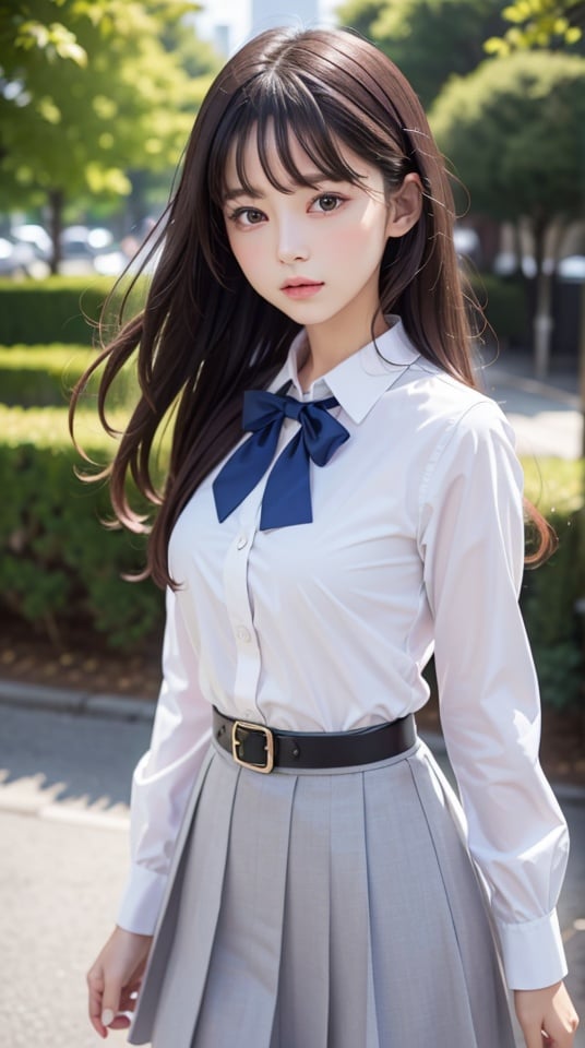 masutepiece, Best Quality, {Best Quality}, {{masutepiece}}, {hight resolution}, Illustration, 1girl in, Inoue Takina, Long hair, Bangs, Black hair, (Purple eyes:1.2), blush, Shirt, Long sleeves, Dress, bow ribbon, School uniform, White shirt, Collared shirt, Belt bag, Neck ribbon, Blue Dress, Green Ribbon, pleated dress, grey dress, two-tone dress, Blue belt, Lycoris Uniform, Looking at Viewer