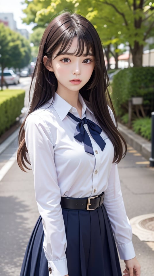 masutepiece, Best Quality, {Best Quality}, {{masutepiece}}, {hight resolution}, Illustration, 1girl in, Inoue Takina, Long hair, Bangs, Black hair, (Purple eyes:1.2), blush, Shirt, Long sleeves, Dress, bow ribbon, School uniform, White shirt, Collared shirt, Belt bag, Neck ribbon, Blue Dress, Green Ribbon, pleated dress, grey dress, two-tone dress, Blue belt, Lycoris Uniform, Looking at Viewer