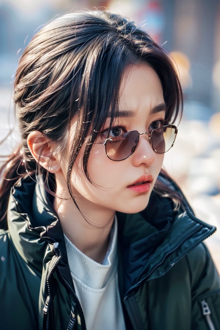(masterpiece, best quality, ultra-detailed, 8K),beautiful girl standing in snow park,:),bobcut,(close-up on face),sunglasses,(blue winter jacket),(colorful),cinematic lighting,kimtaeri