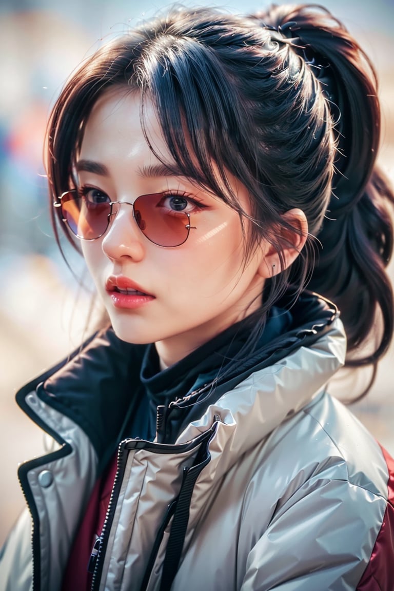(masterpiece, best quality, ultra-detailed, 8K),beautiful girl standing in snow park,:),ponytail,(close-up on face),sunglasses,(red winter jacket),(colorful),cinematic lighting,kimtaeri