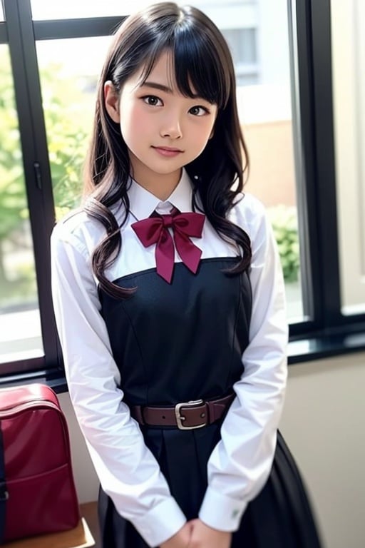 masutepiece, Best Quality, {Best Quality}, {{masutepiece}}, {hight resolution}, Illustration, 1girl in, Inoue Takina, Long hair, Bangs, Black hair, (Purple eyes:1.2), blush, Shirt, Long sleeves, Dress, bow ribbon, School uniform, White shirt, Collared shirt, Belt bag, Neck ribbon, Blue Dress, Green Ribbon, pleated dress, grey dress, two-tone dress, Blue belt, Lycoris Uniform, Looking at Viewer