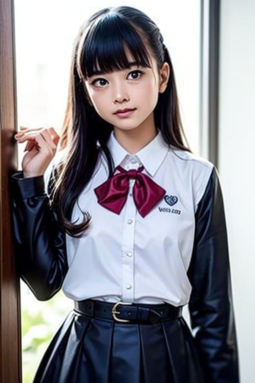 masutepiece, Best Quality, {Best Quality}, {{masutepiece}}, {hight resolution}, Illustration, 1girl in, Inoue Takina, Long hair, Bangs, Black hair, (Purple eyes:1.2), blush, Shirt, Long sleeves, Dress, bow ribbon, School uniform, White shirt, Collared shirt, Belt bag, Neck ribbon, Blue Dress, Green Ribbon, pleated dress, grey dress, two-tone dress, Blue belt, Lycoris Uniform, Looking at Viewer