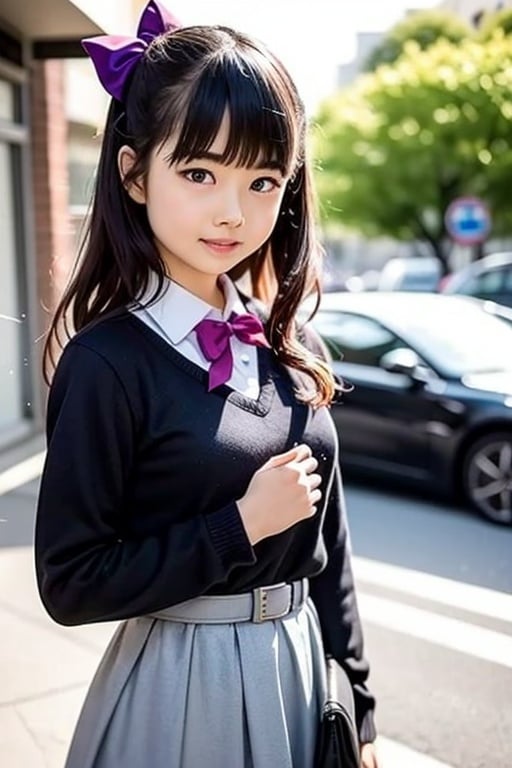 masutepiece, Best Quality, {Best Quality}, {{masutepiece}}, {hight resolution}, Illustration, 1girl in, Inoue Takina, Long hair, Bangs, Black hair, (Purple eyes:1.2), blush, Shirt, Long sleeves, Dress, bow ribbon, School uniform, White shirt, Collared shirt, Belt bag, Neck ribbon, Blue Dress, Green Ribbon, pleated dress, grey dress, two-tone dress, Blue belt, Lycoris Uniform, Looking at Viewer