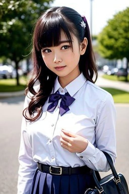 ((Best Quality)), ((masutepiece)), ((hight resolution)), Illustration, 1girl in, Inoue Takina, Long hair, Bangs, Black hair, (Purple eyes:1.2), blush, Shirt, Long sleeves, Dress, bow ribbon, School uniform, White shirt, Collared shirt, Belt bag, Neck ribbon, Blue Dress, Green Ribbon, pleated dress, grey dress, two-tone dress, Blue belt, Lycoris Uniform, Looking at Viewer