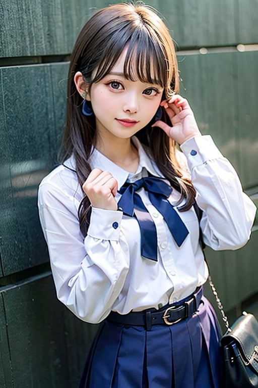 masutepiece, Best Quality, {Best Quality}, {{masutepiece}}, {hight resolution}, Illustration, 1girl in, Inoue Takina, Long hair, Bangs, Black hair, (Purple eyes:1.2), blush, Shirt, Long sleeves, Dress, bow ribbon, School uniform, White shirt, Collared shirt, Belt bag, Neck ribbon, Blue Dress, Green Ribbon, pleated dress, grey dress, two-tone dress, Blue belt, Lycoris Uniform, Looking at Viewer