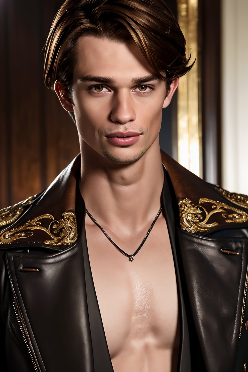 NicholasGalitzine, hazel eyes, brown hair, beauty mark on lip, slim, slender, RAW Photo, closeup face portrait photo of man, sexy atmosphere, NicholasGalitzine wearing a black leather jacket, shirtless underneath and low rise dark jeans and a belt, realistic, masterpiece, intricate details, detailed background, depth of field, HIGHLY DETAILED, 