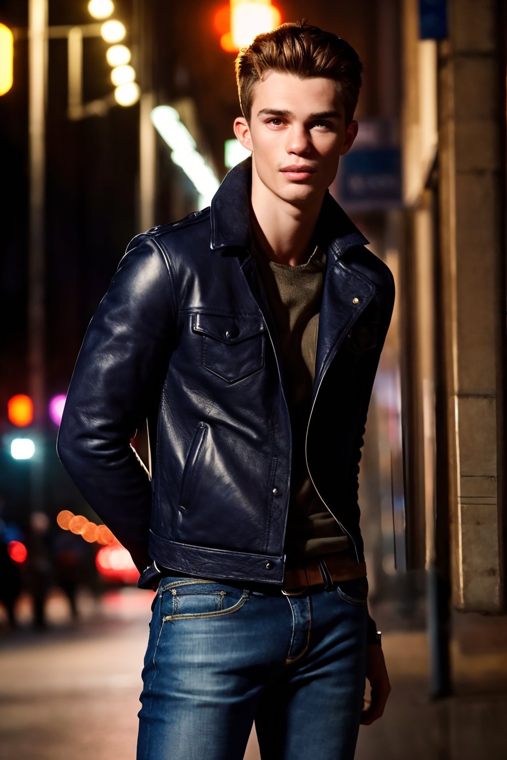 NicholasGalitzine, hazel eyes, brown hair, beauty mark on lips, slim, slender, (1boy), full body shot, Very detailed young handsome face, heroic, detailed realistic open eyes, detailed hands, RAW Photo, photo of man NicholasGalitzine wearing classic black crewneck T-shirt, dark-wash, slim-fit jeans with a well-worn finish, leather wristband, black leather jacket casually slung over one shoulder,  taken by Annie Leibovitz, posing in a nighttime cityscape with neon lights and bustling streets, realistic, masterpiece, intricate details, detailed background, depth of field,