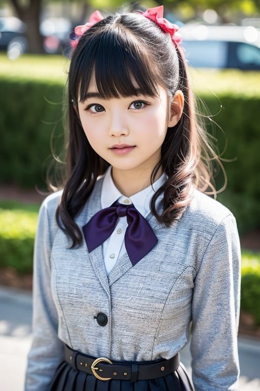 masutepiece, Best Quality, {Best Quality}, {{masutepiece}}, {hight resolution}, Illustration, 1girl in, Inoue Takina, Long hair, Bangs, Black hair, (Purple eyes:1.2), blush, Shirt, Long sleeves, Dress, bow ribbon, School uniform, White shirt, Collared shirt, Belt bag, Neck ribbon, Blue Dress, Green Ribbon, pleated dress, grey dress, two-tone dress, Blue belt, Lycoris Uniform, Looking at Viewer