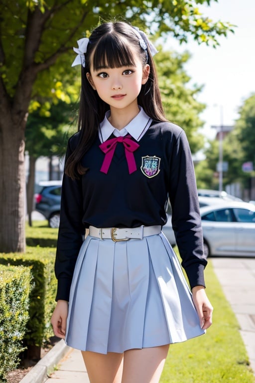 masutepiece, Best Quality, {Best Quality}, {{masutepiece}}, {hight resolution}, Illustration, 1girl in, Inoue Takina, Long hair, Bangs, Black hair, (Purple eyes:1.2), blush, Shirt, Long sleeves, Dress, bow ribbon, School uniform, White shirt, Collared shirt, Belt bag, Neck ribbon, Blue Dress, Green Ribbon, pleated dress, grey dress, two-tone dress, Blue belt, Lycoris Uniform, Looking at Viewer